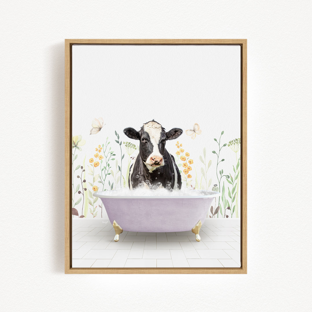 A black and white cow is sitting in a purple bathtub filled with bubbles, surrounded by flowers and butterflies.