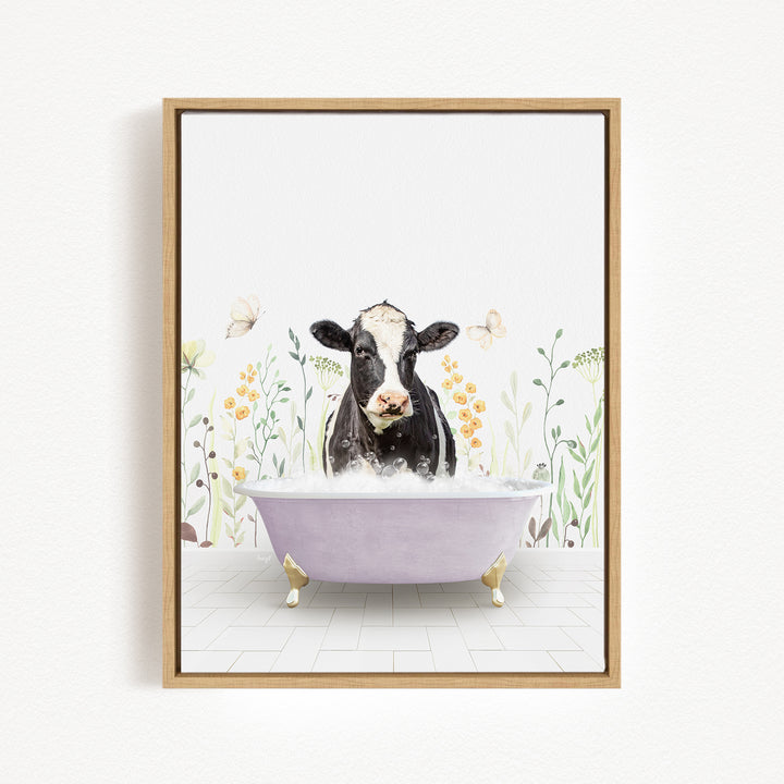 A black and white cow is sitting in a purple bathtub filled with bubbles, surrounded by flowers and butterflies.