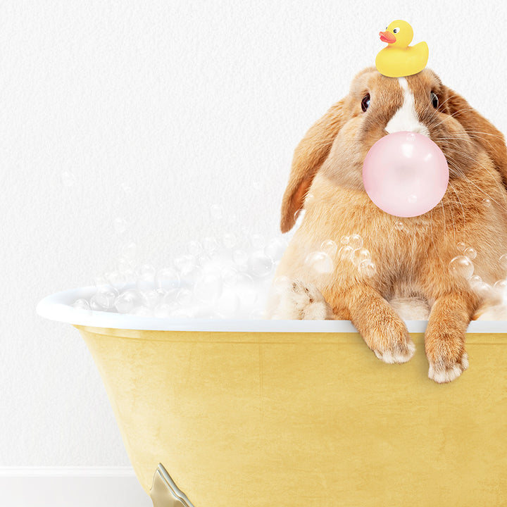 a rabbit in a bathtub with a rubber ducky on its head