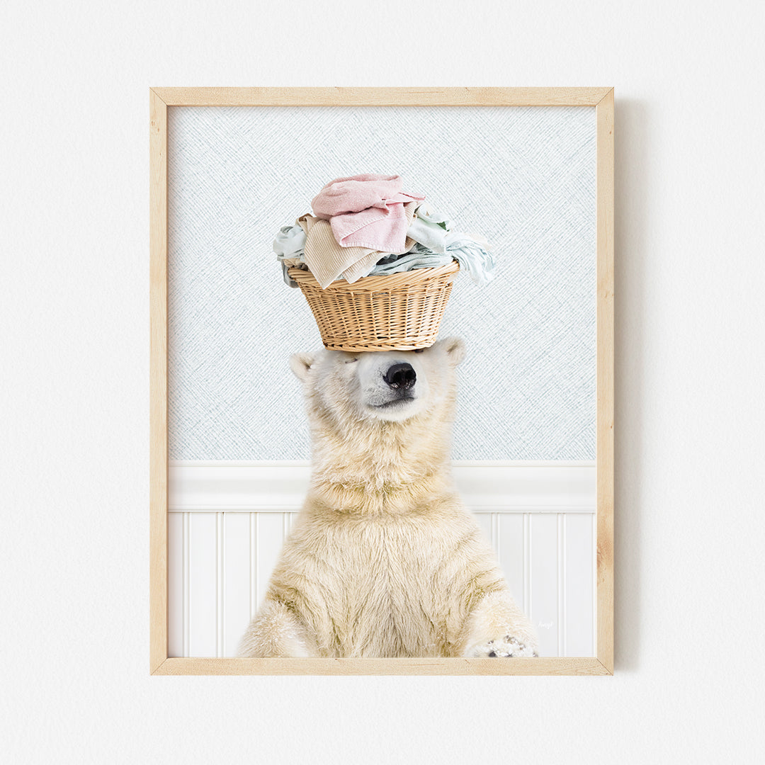 a polar bear with a basket on his head