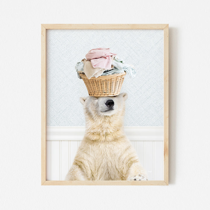 a polar bear with a basket on his head