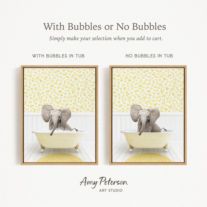 The image is a framed print featuring a baby elephant sitting in a bathtub, with a yellow and white floral pattern on the wall behind it.