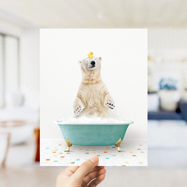 A polar bear standing in a bathtub filled with bubbles, with a rubber duck perched on its head.