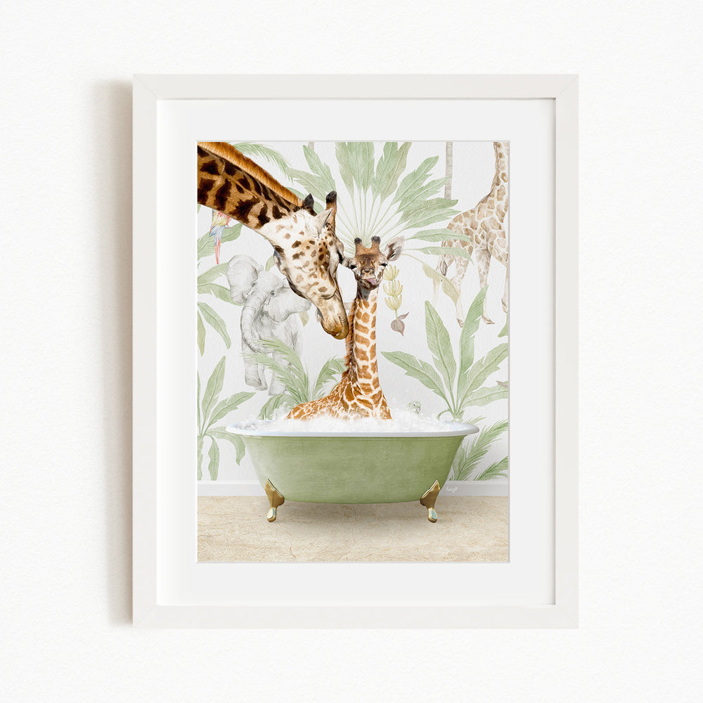 A framed illustration depicting a giraffe sitting in a green bathtub, surrounded by other giraffes and tropical foliage.