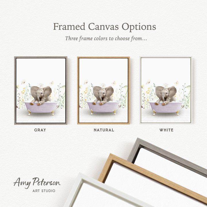 three framed canvas options, each featuring a different color: gray, natural, and white. The text above the images reads " framed Canvas Options" and "Three frame colors to choose from...". The bottom of the image includes the text " Amy Peterson ART STUDIO".
