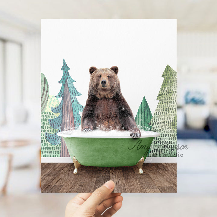 a bear sitting in a green bath tub