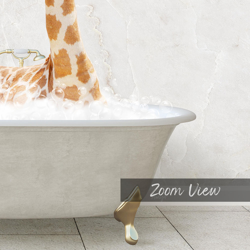 A giraffe standing in a bathtub filled with bubbles, with a text overlay that reads "Zoom View".