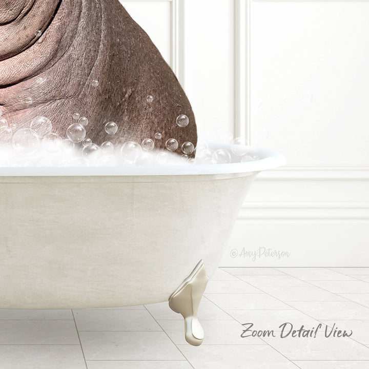 A bathtub filled with bubbles, with a large brown object partially submerged in the water.