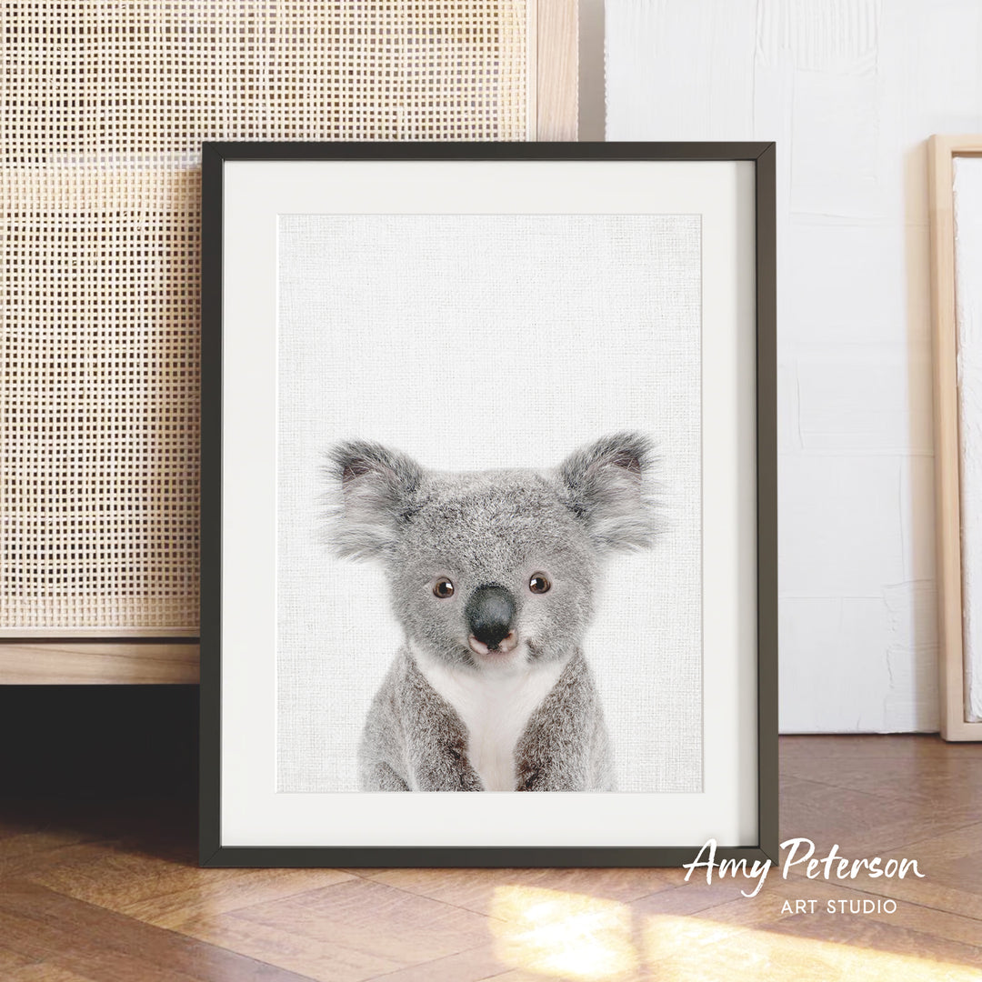 A framed photograph of a koala bear is displayed on a wooden floor, with a beige woven basket visible in the background.