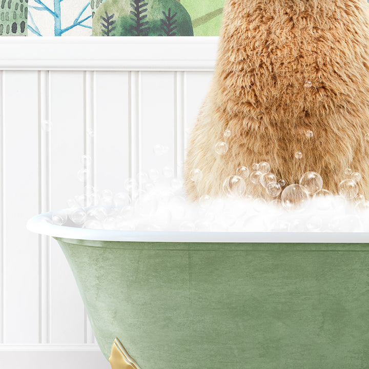 a brown bear sitting in a bathtub filled with bubbles