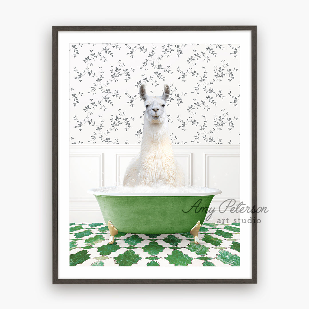 a llama sitting in a green bath tub