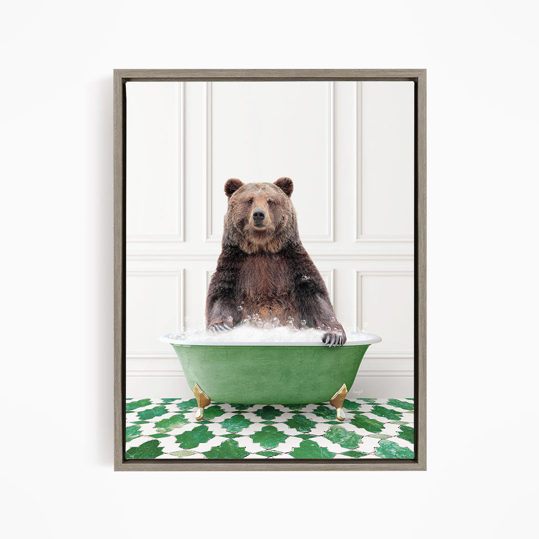 A brown bear sitting in a green bathtub filled with water, surrounded by a green and white patterned floor.