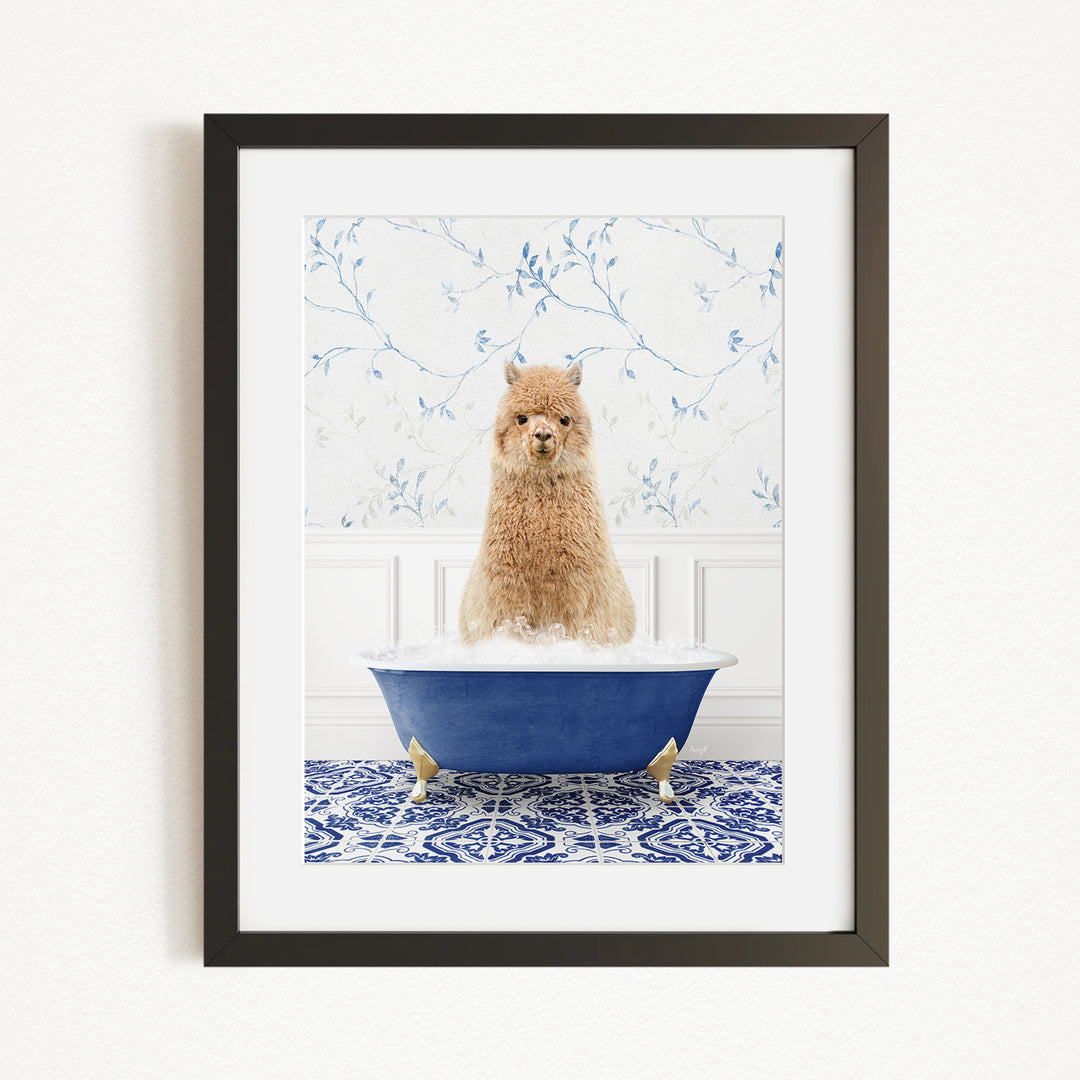 A fluffy brown dog sitting in a blue bathtub filled with bubbles, with a blue and white floral patterned wall behind it.