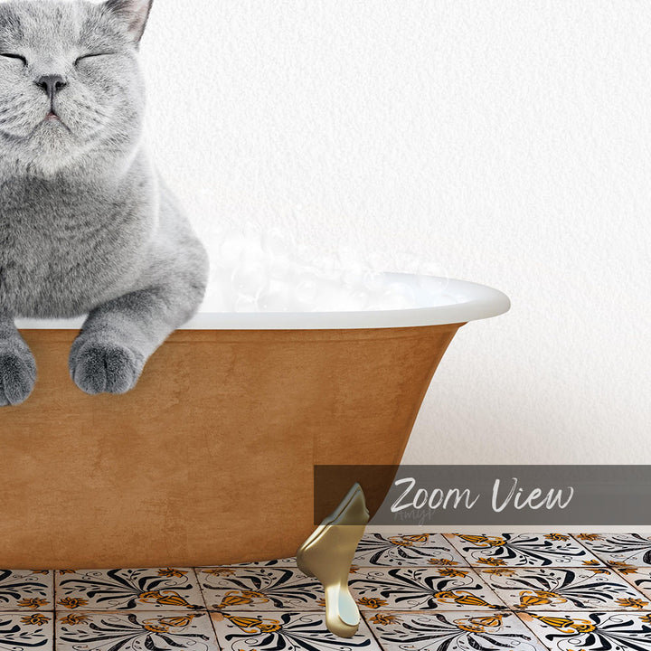 A gray cat sitting in a brown bathtub filled with water, with steam rising from the tub.