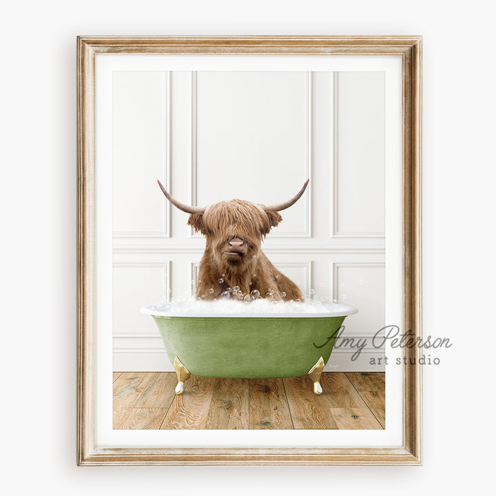 a brown dog sitting in a green bath tub