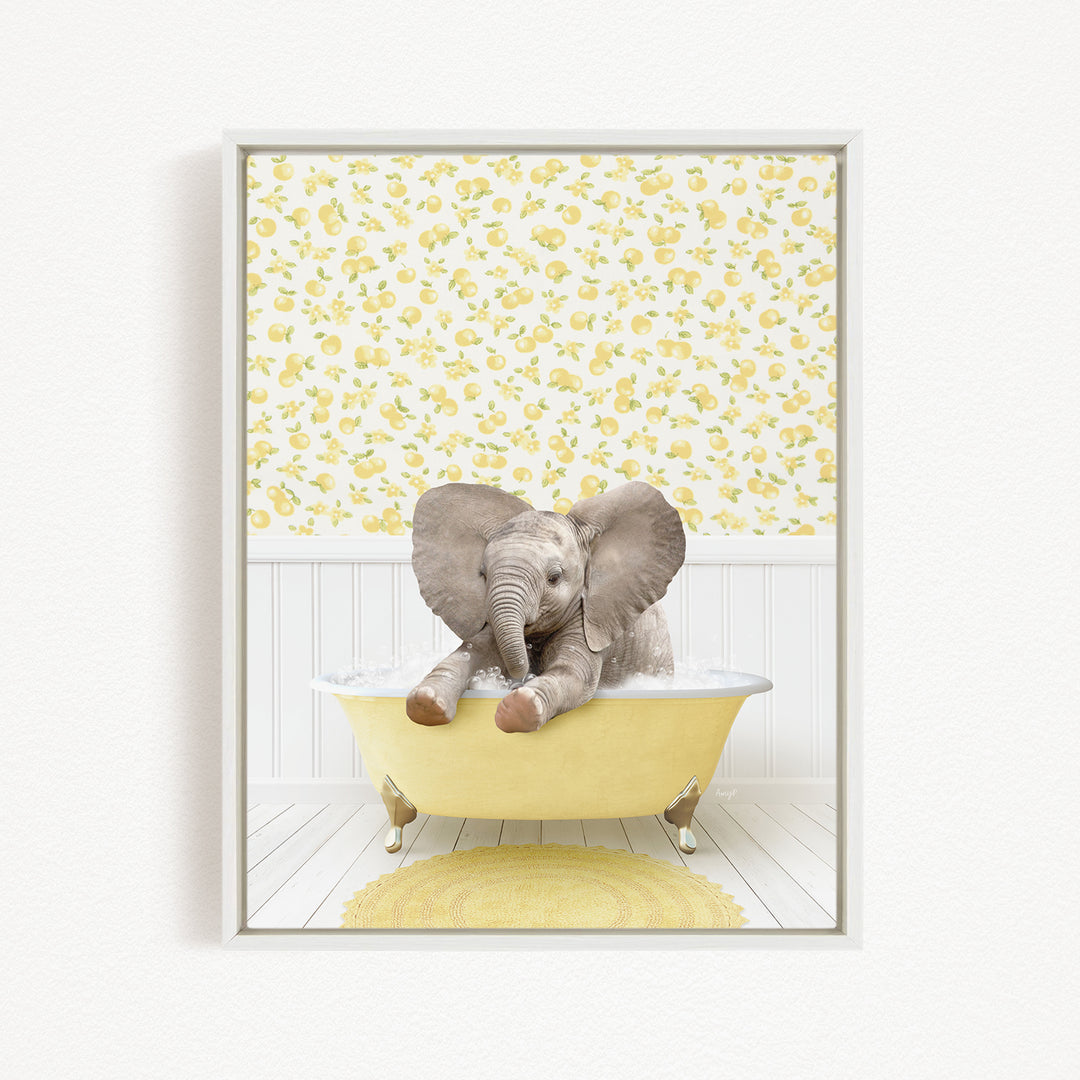 A baby elephant sitting in a yellow bathtub, surrounded by a yellow floral pattern on the wall behind it.