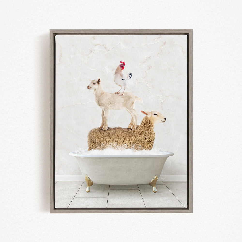 A framed image depicting a sheep standing on a goat's back while a rooster stands on top of a sheep in a bathtub.