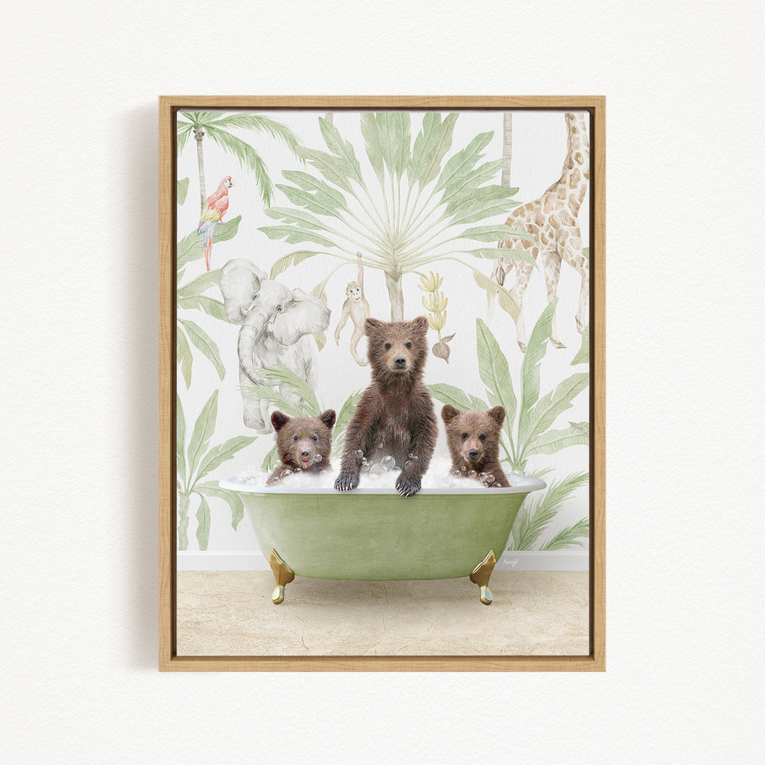 A framed print depicting three bears sitting in a bathtub, surrounded by various animals and plants, creating a whimsical and playful scene.