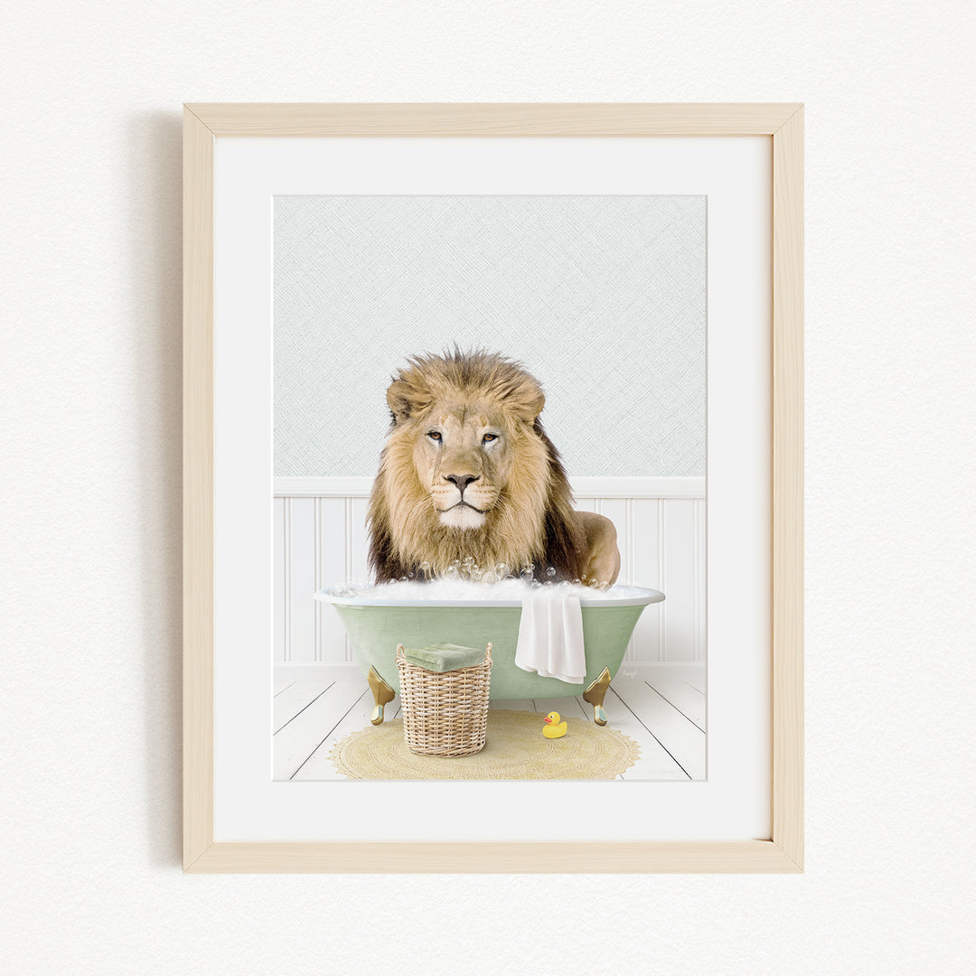 A lion sitting in a green bathtub filled with water, surrounded by rubber ducks.