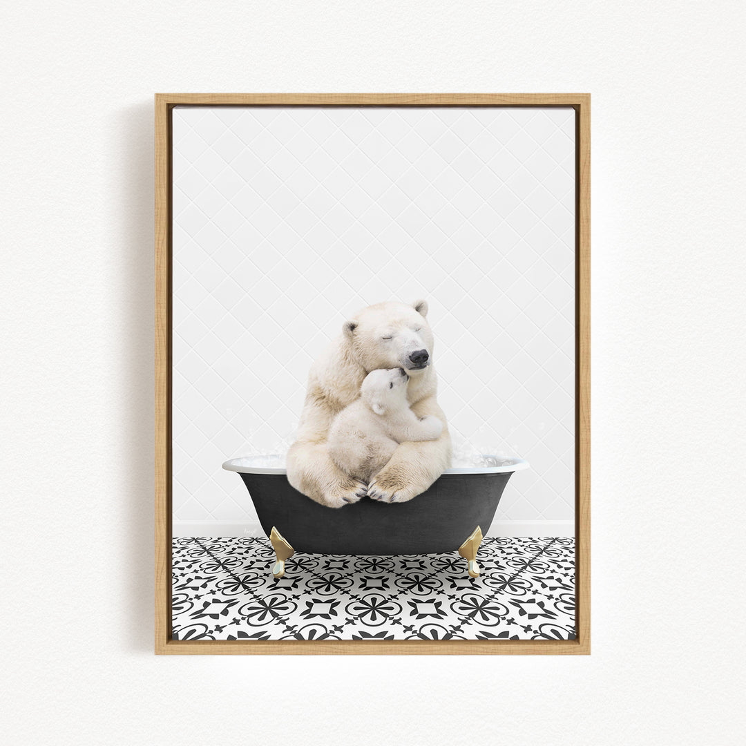 A polar bear and its cub sitting together in a bathtub, with the bear appearing to be hugging the cub.