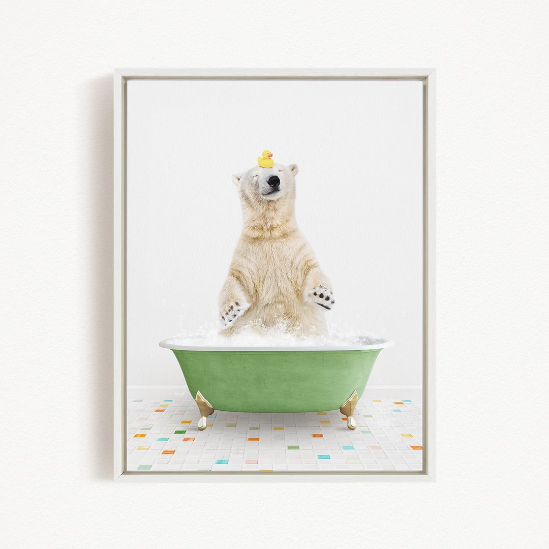 A polar bear standing in a green bathtub filled with bubbles, with a rubber duck perched on its head.