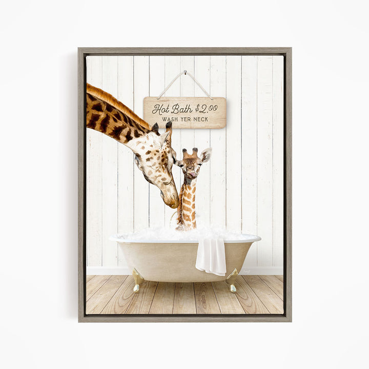 A giraffe and a baby giraffe are standing in a bathtub, with a sign above them that reads "Hot Bath $2.00 Wash neck".