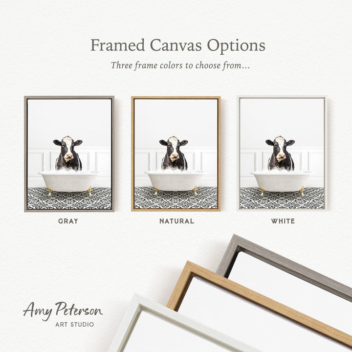 three framed canvas options, each featuring a cow in a bathtub. The options include a gray, a natural, and a white frame.