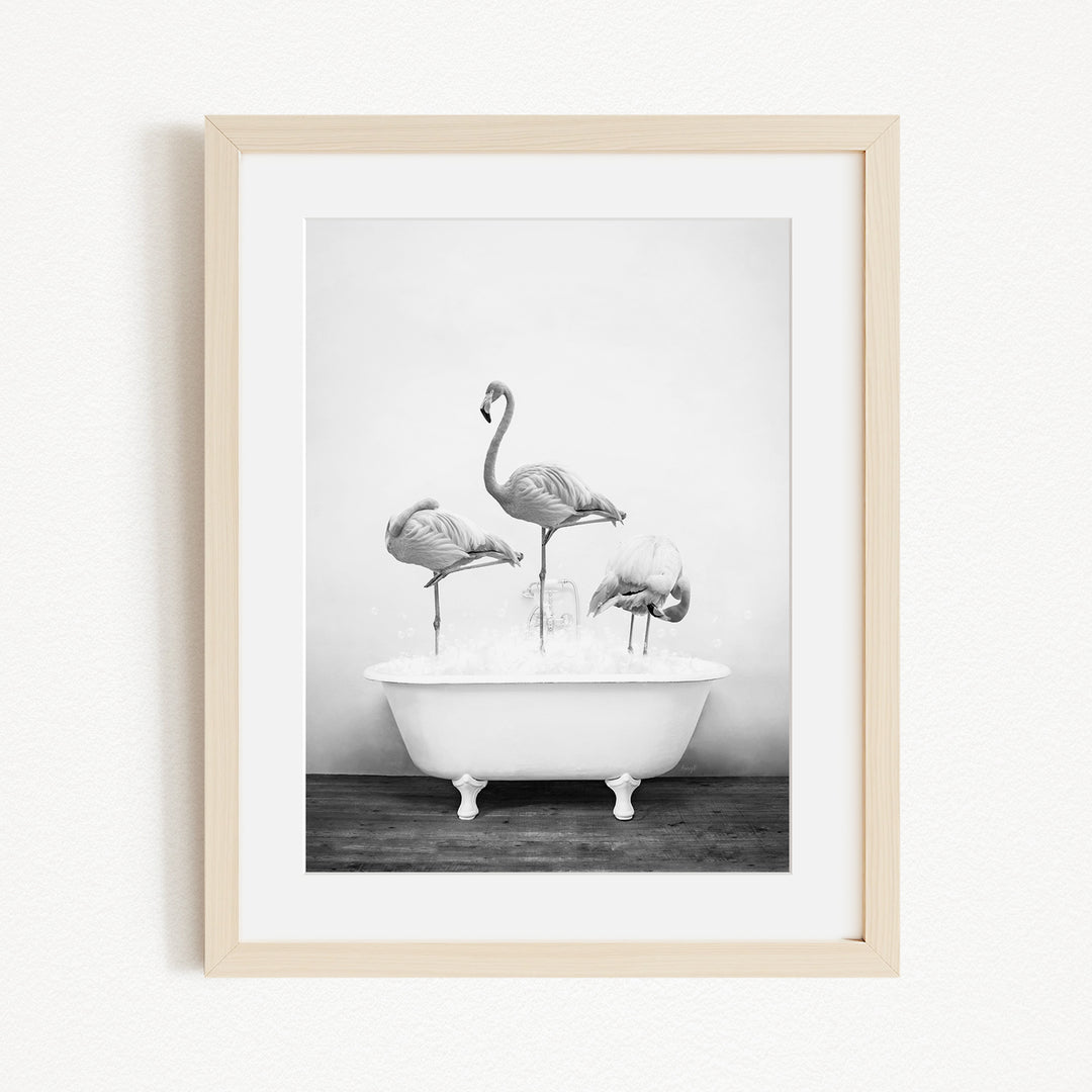 A framed black and white photograph depicting three flamingos standing in a white bathtub filled with water.