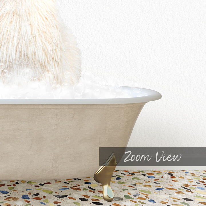 A fluffy white cat is sitting in a bathtub filled with bubbles, with a text overlay that reads "Zoom View".