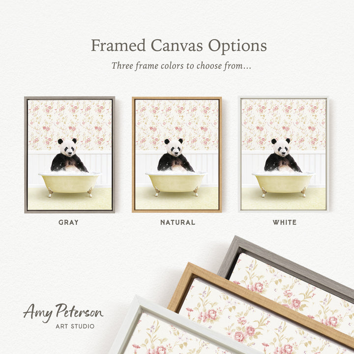 The image is a framed canvas option featuring three different framed pictures of a panda bear sitting in a bathtub, each with a different frame color: gray, natural, and white.