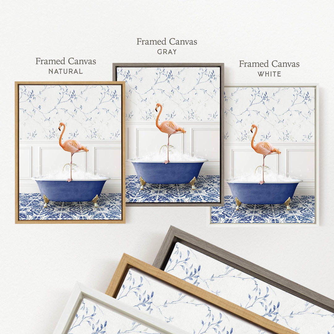 three framed pictures of a flamingo standing in a blue bathtub, each with a different frame color: natural, gray, and white.
