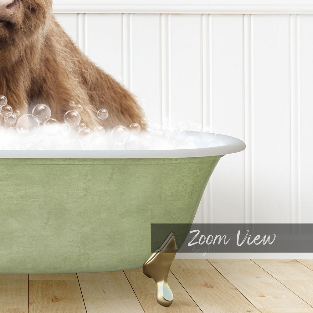A brown dog is sitting in a green bathtub filled with bubbles, with a white wall in the background.