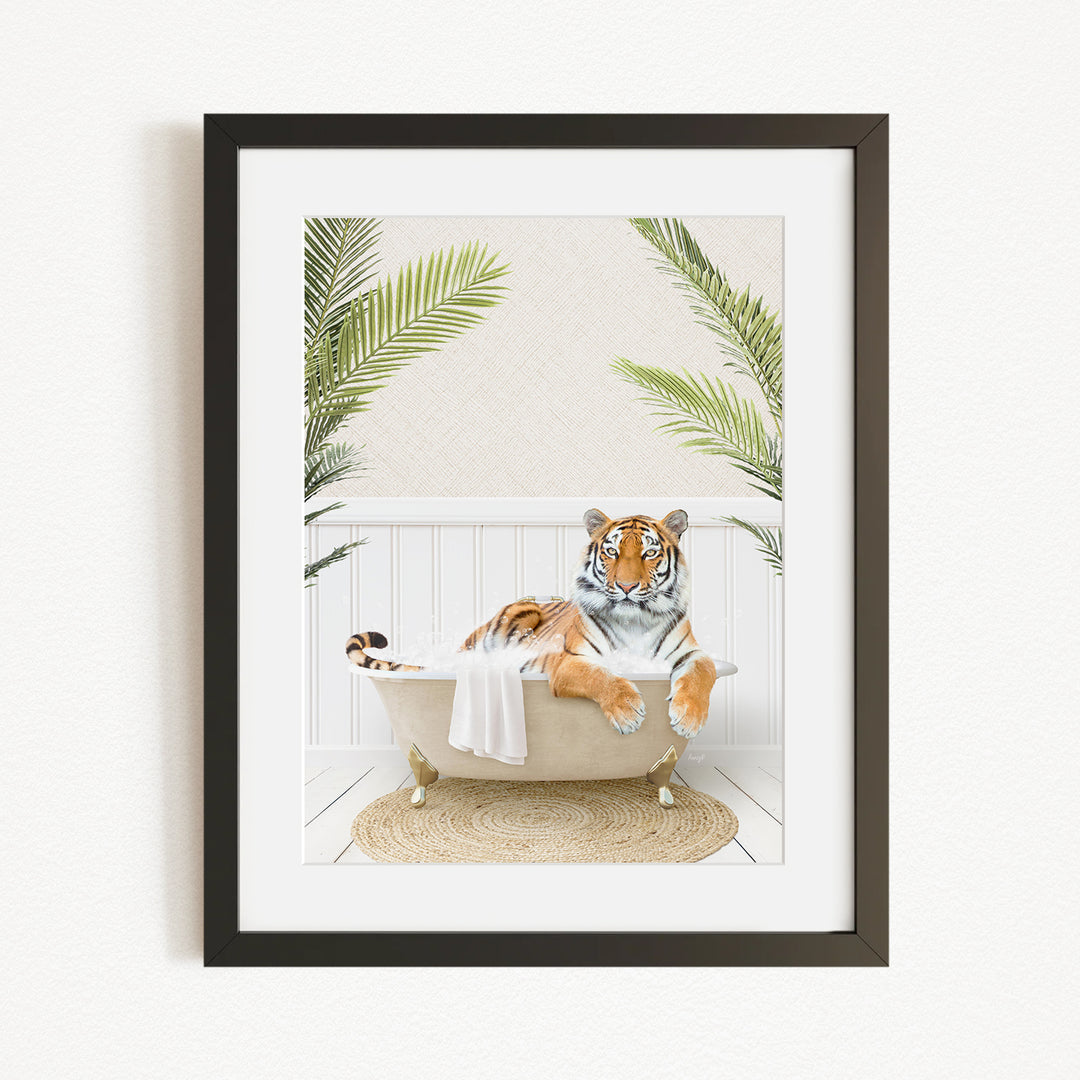 A tiger is sitting in a bathtub filled with water, surrounded by palm leaves, creating a whimsical and playful scene.