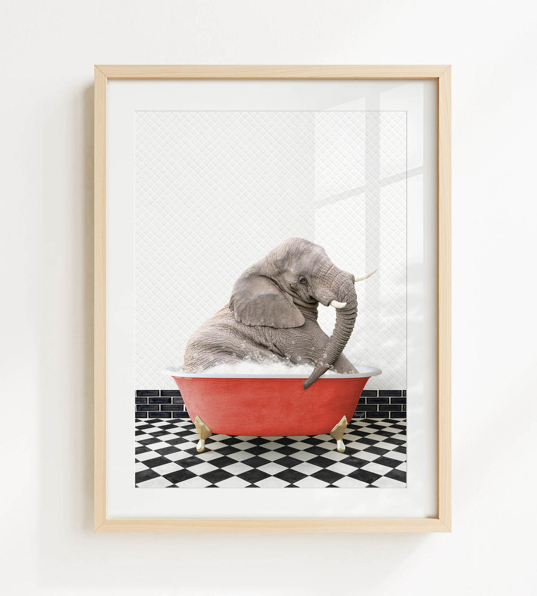 A gray elephant is sitting in a red bathtub on a black and white checkered floor.