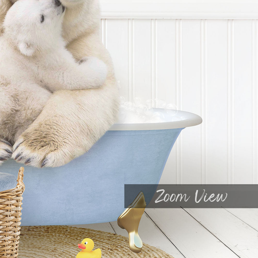 A polar bear sitting in a blue bathtub, with a yellow rubber duck nearby, and a basket of toys on the floor.