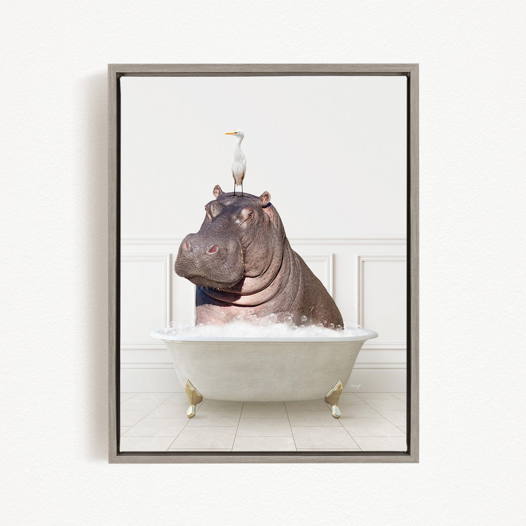 A large hippopotamus is sitting in a bathtub filled with water, with a seagull perched on its head.