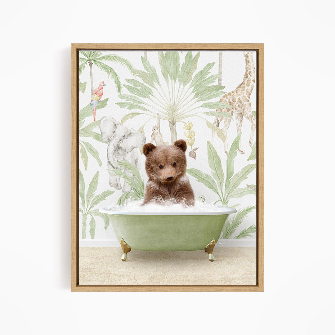 A brown bear sitting in a green bathtub filled with water, surrounded by tropical plants and animals, such as a giraffe and a parrot.