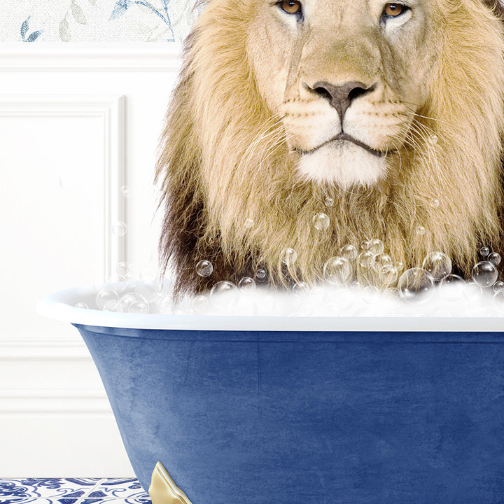 a lion is sitting in a bathtub with bubbles