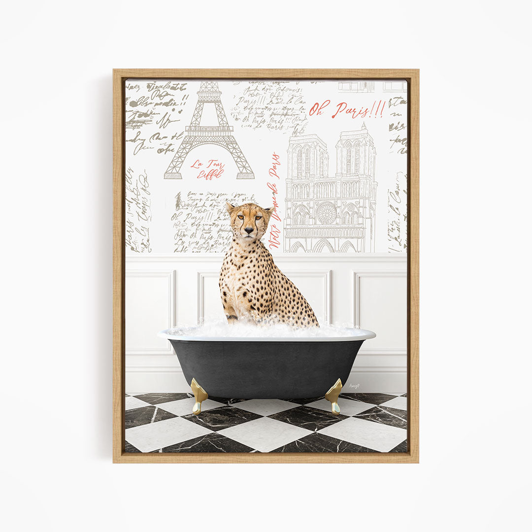 A cheetah sitting in a bathtub filled with water, surrounded by a wall with various texts and illustrations, including the Eiffel Tower.
