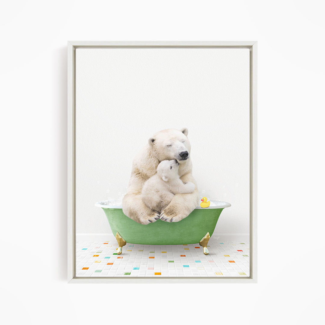 A polar bear is sitting in a green bathtub, surrounded by a yellow rubber duck and a yellow rubber duck.