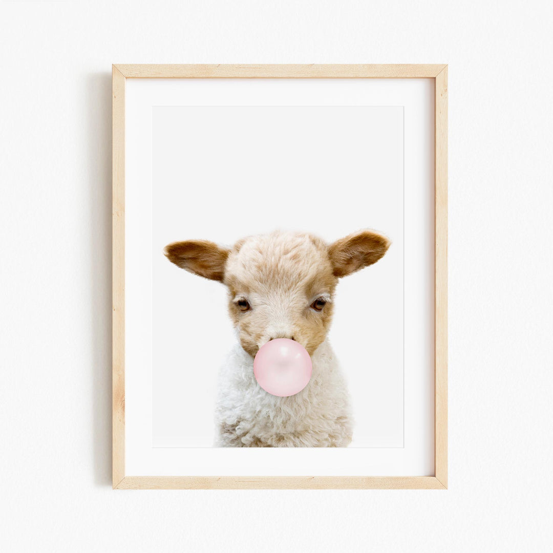 a sheep with a bubble gum in its mouth