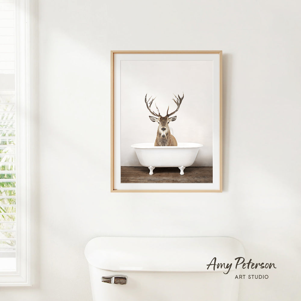 A framed image of a deer with antlers sitting in a white bathtub, hanging on a white wall.