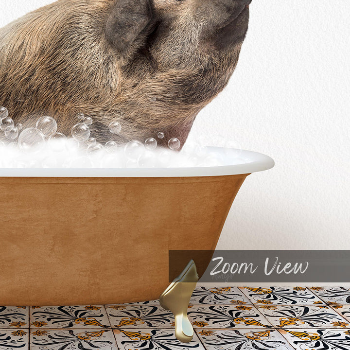 A pig is sitting in a bathtub filled with bubbles, enjoying a relaxing bath.