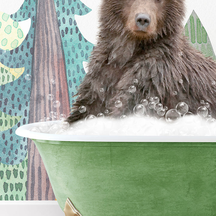 a brown bear sitting in a green bath tub