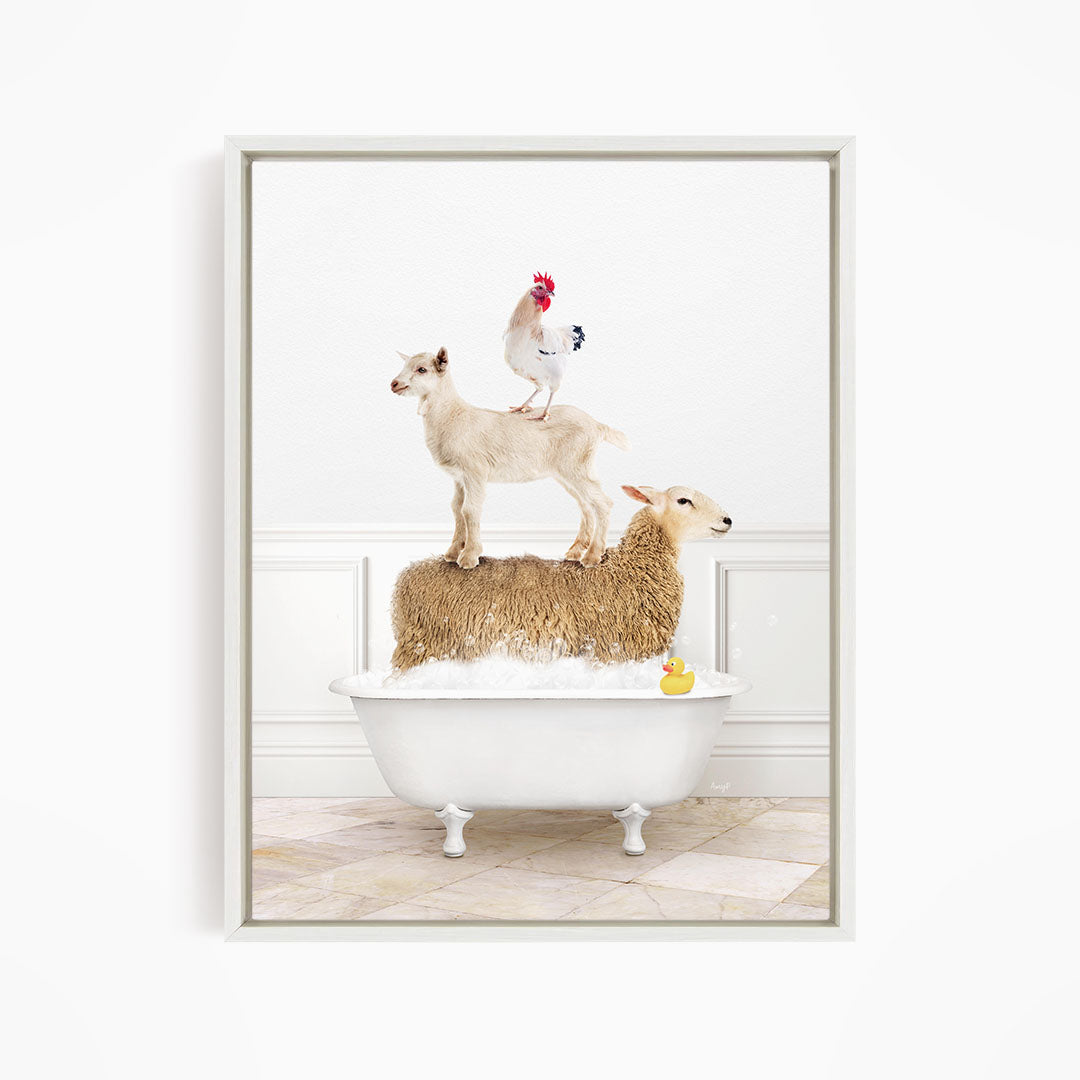 A white bathtub filled with water, with a goat standing on top of a sheep and a chicken standing on top of a lamb.