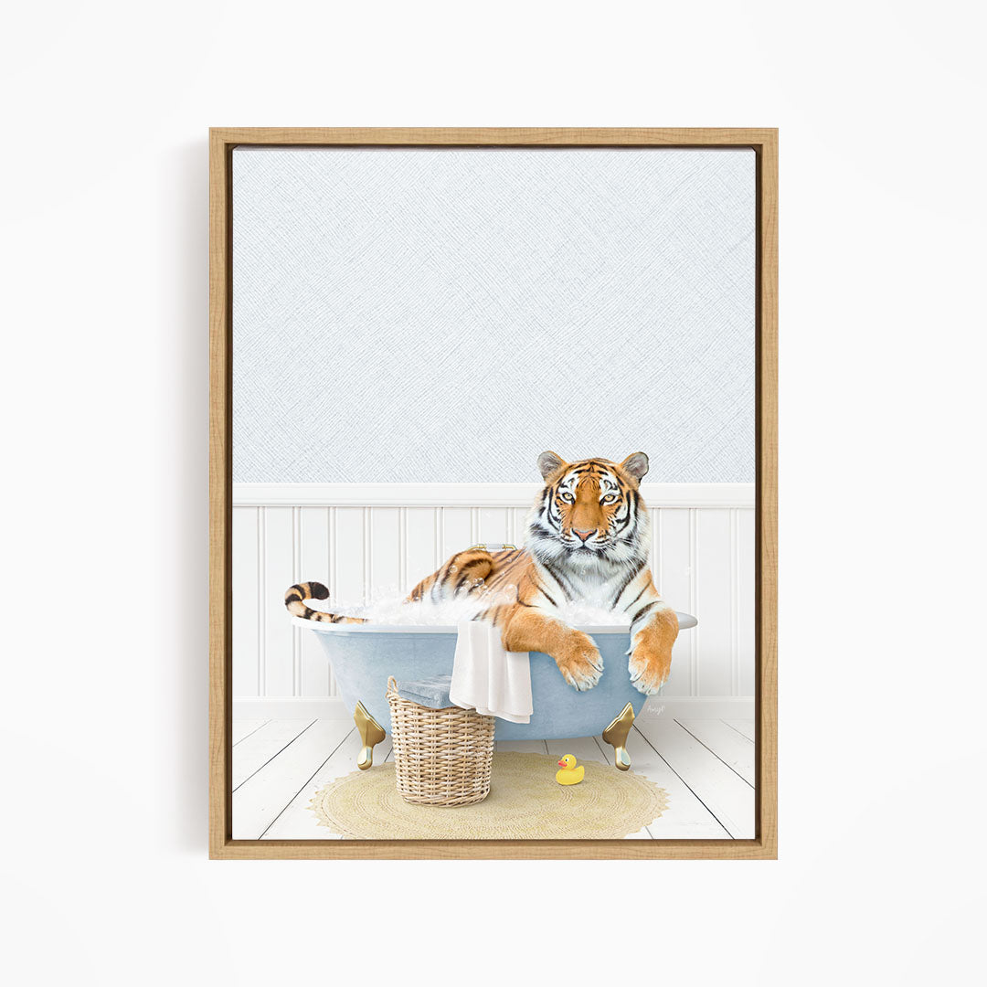 A tiger is sitting in a bathtub filled with water, surrounded by rubber ducks.
