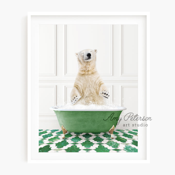 a polar bear sitting in a green bath tub