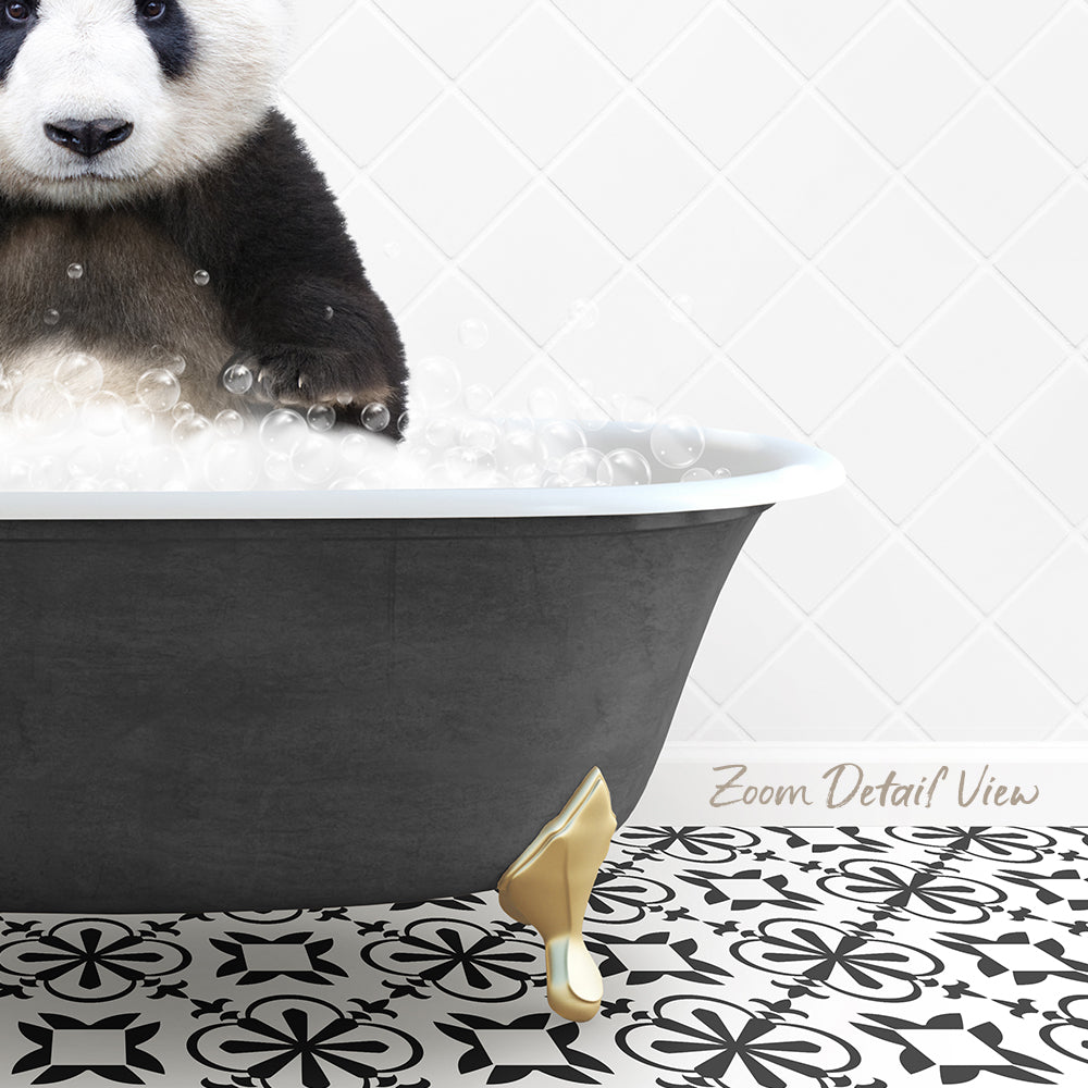 A panda bear sitting in a bathtub filled with bubbles, with a patterned tile floor in the foreground.