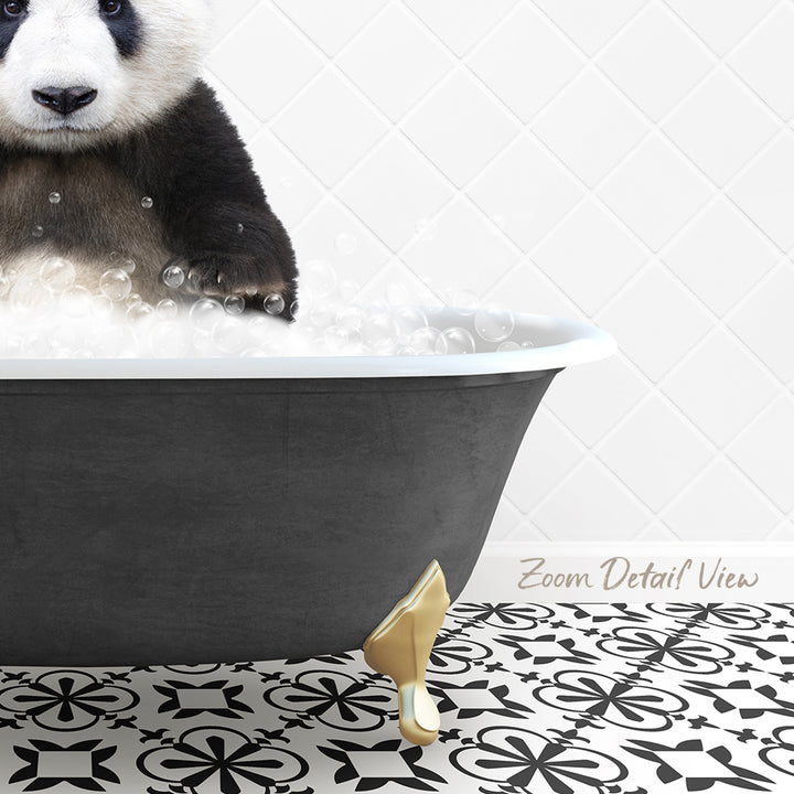 A panda bear sitting in a bathtub filled with bubbles, with a patterned tile floor in the foreground.