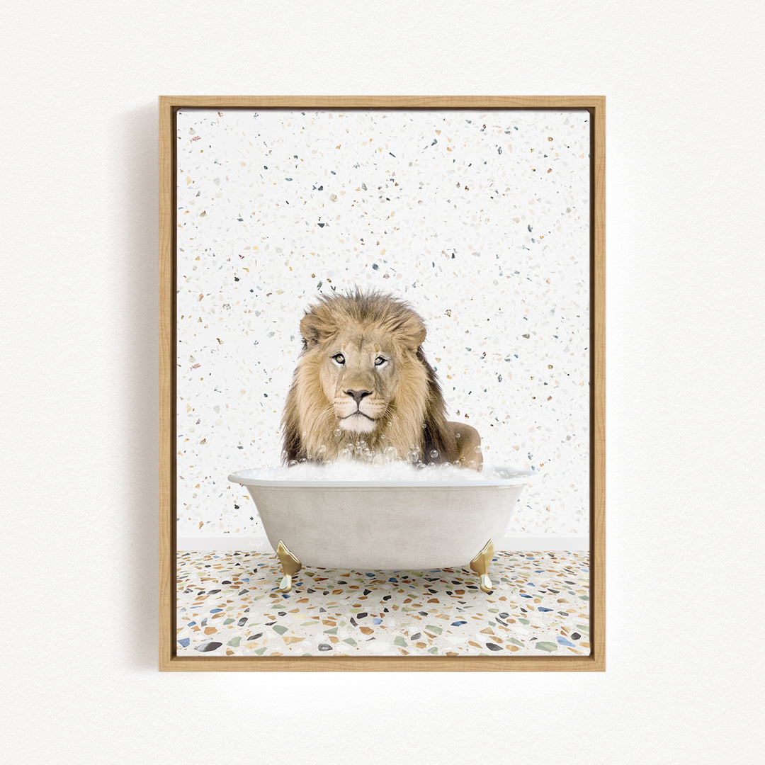 A lion sitting in a bathtub filled with water, surrounded by a speckled background.